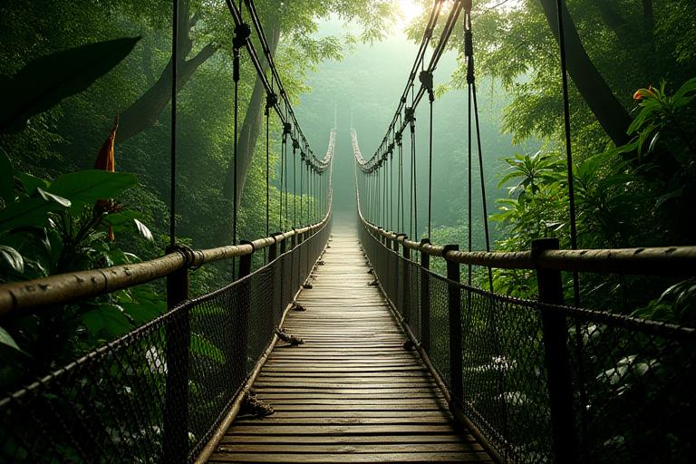 Pont suspendu dans la jungle luxuriante du Costa Rica.